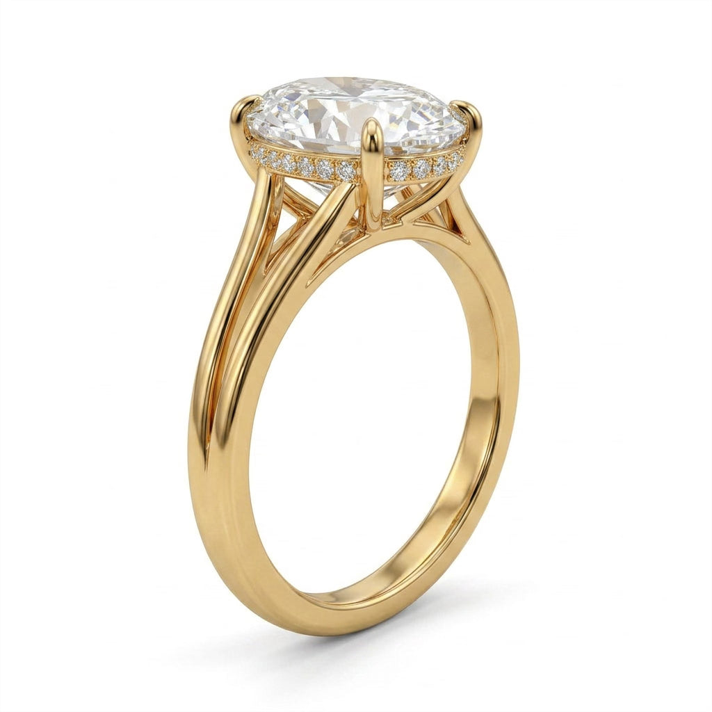 Hidden Halo Split Shank Oval Engagement Ring (5.25 ct. tw.) in 18K Yellow Gold