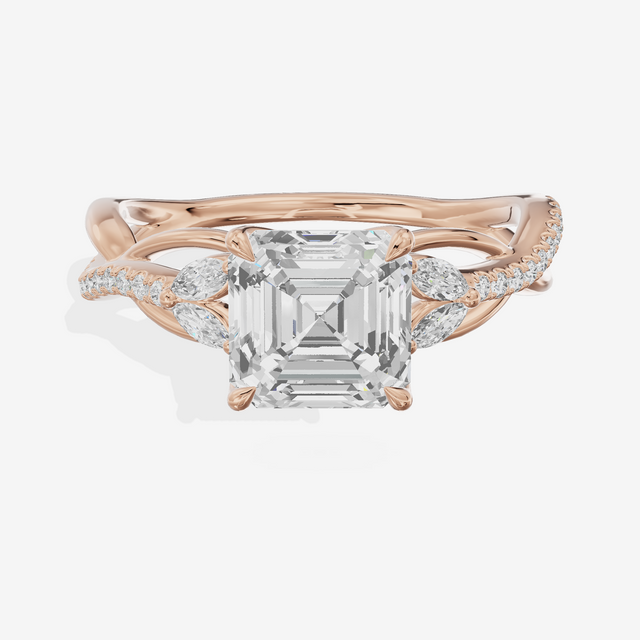 Lustrous Vowsae Asscher Engagement Ring with Side Stones (1/5 ct. tw.) in 14K Rose Gold