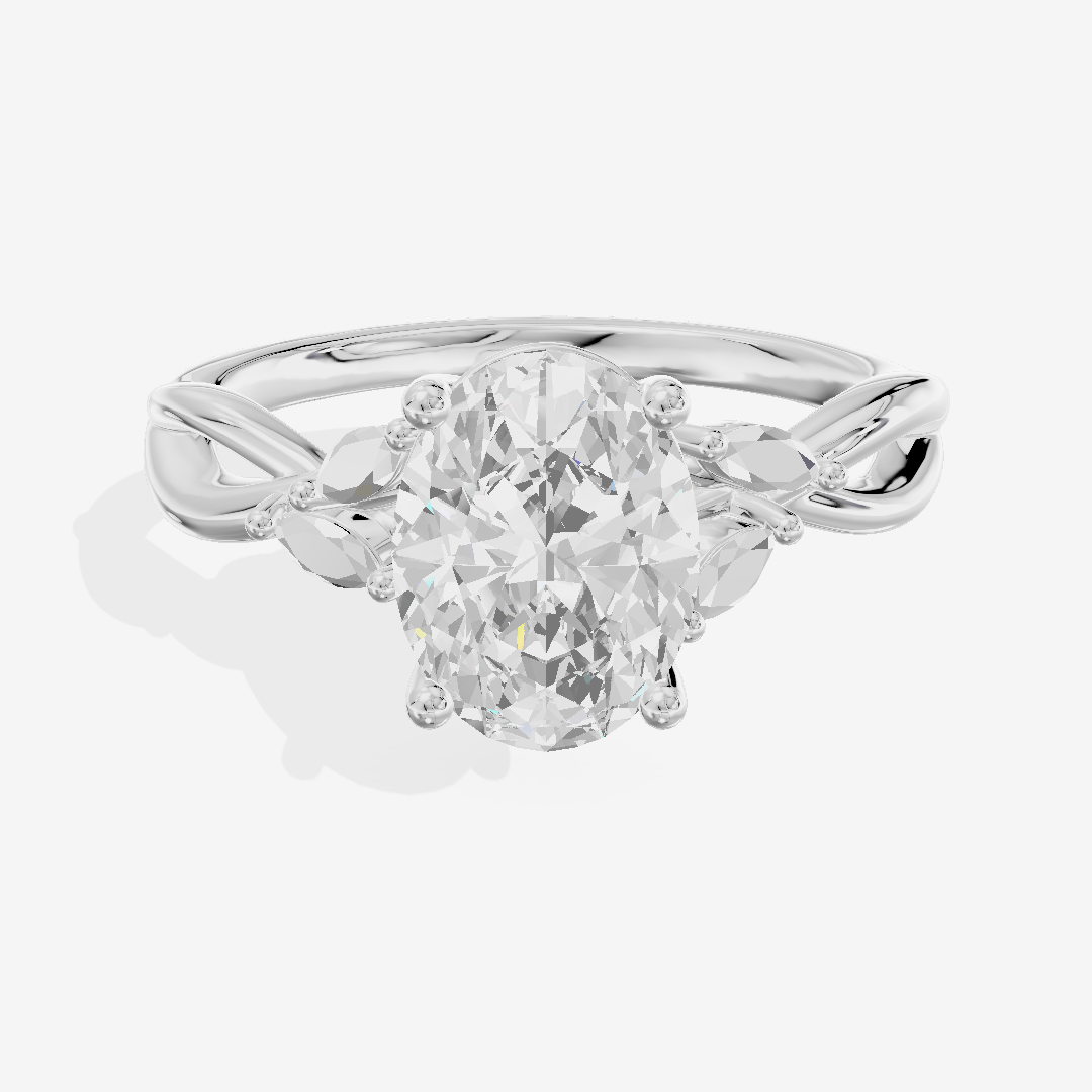 Modern Sincere Oval Engagement Ring with Side Stones in 18K White Gold