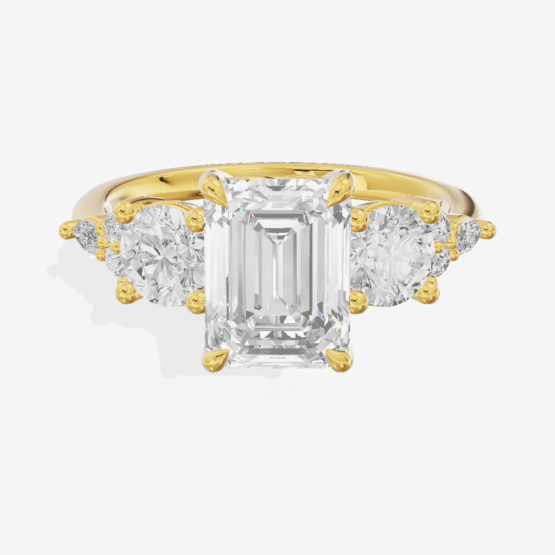 Luxe Halcyon Three Stone Emerald Engagement Ring (3/4 ct. tw.) in 14K Yellow Gold