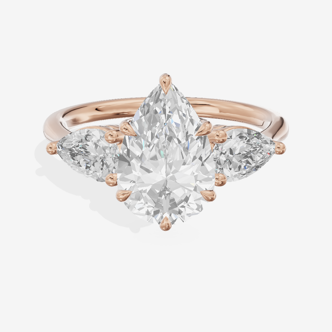 Luxe Adorae Three Stone Pear Engagement Ring (3/4 ct. tw.) in 18K Rose Gold