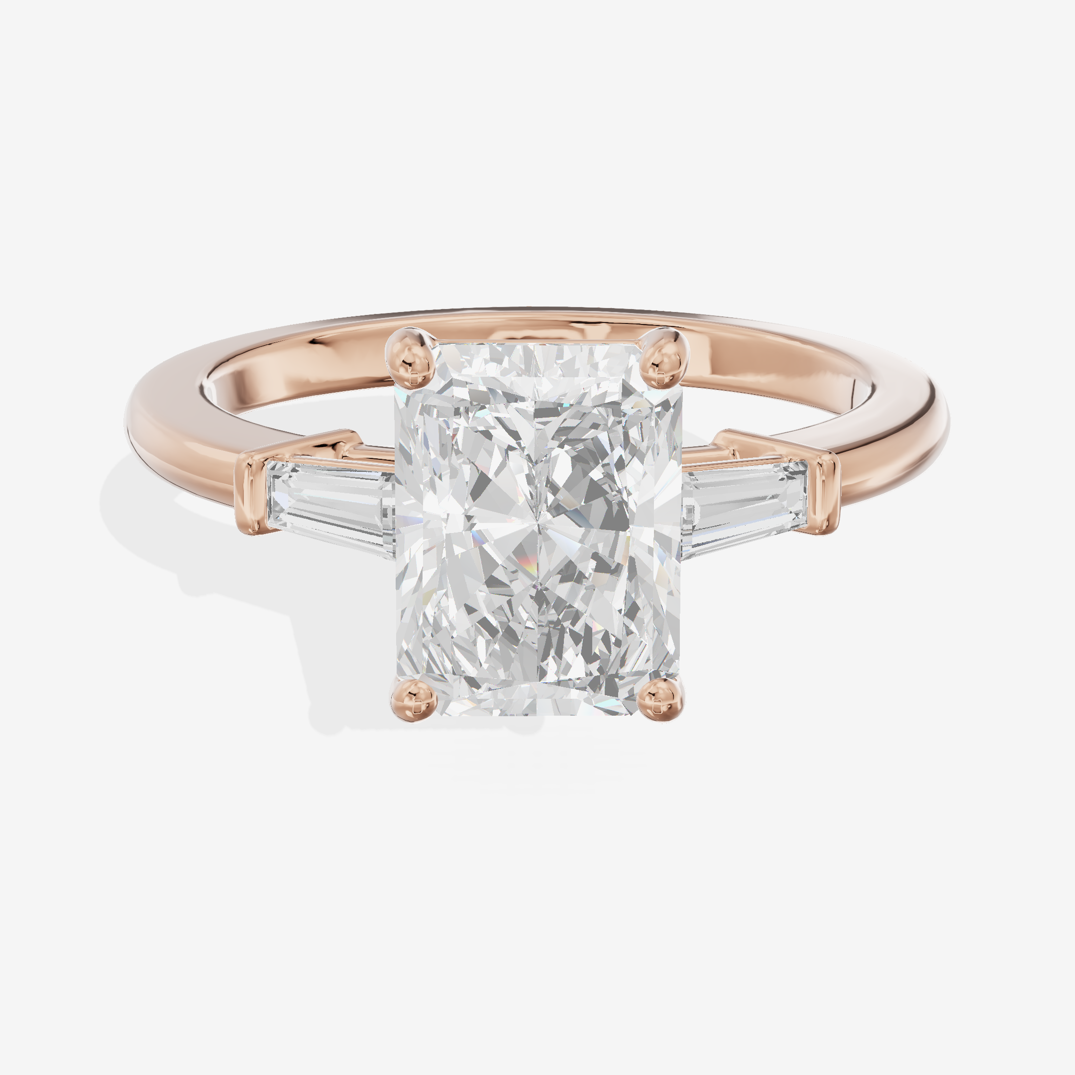 Luxe Halcyon Three Stone Radiant Engagement Ring (3/4 ct. tw.) in 14K Rose Gold