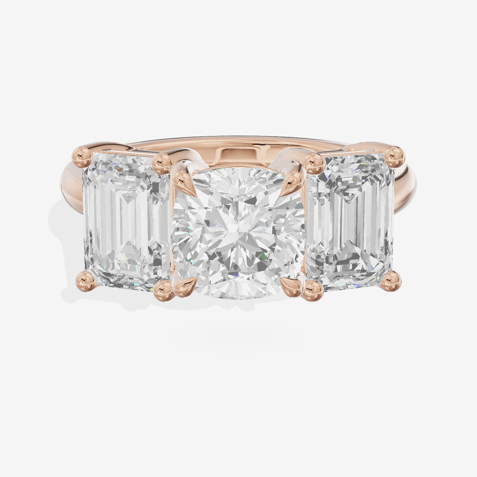 Luxe Whisper Three Stone Cushion Engagement Ring (3/4 ct. tw.) in 18K Rose Gold