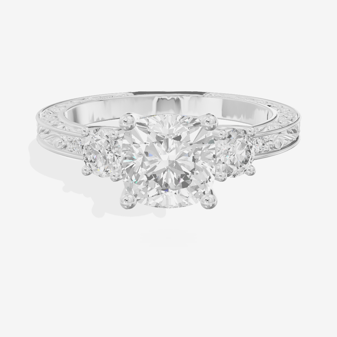Triade Engraved Cushion Three Stone Engagement Ring (1/3 ct. tw.) in 14K White Gold