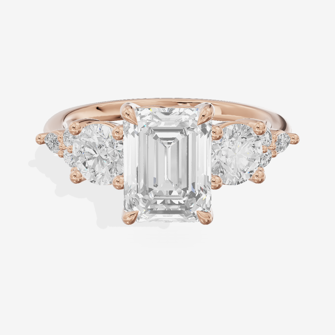 Luxe Halcyon Three Stone Emerald Engagement Ring (3/4 ct. tw.) in 18K Rose Gold