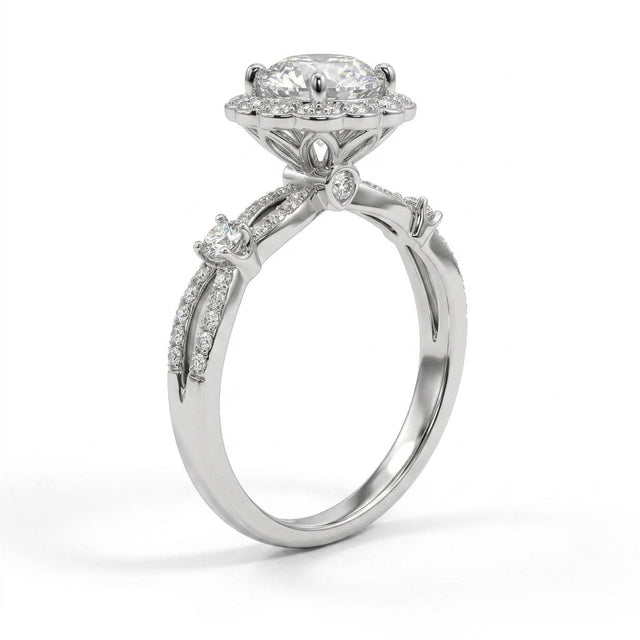 Halo Split Shank Round Engagement Ring (1.06 ct. tw.) in 18K White Gold