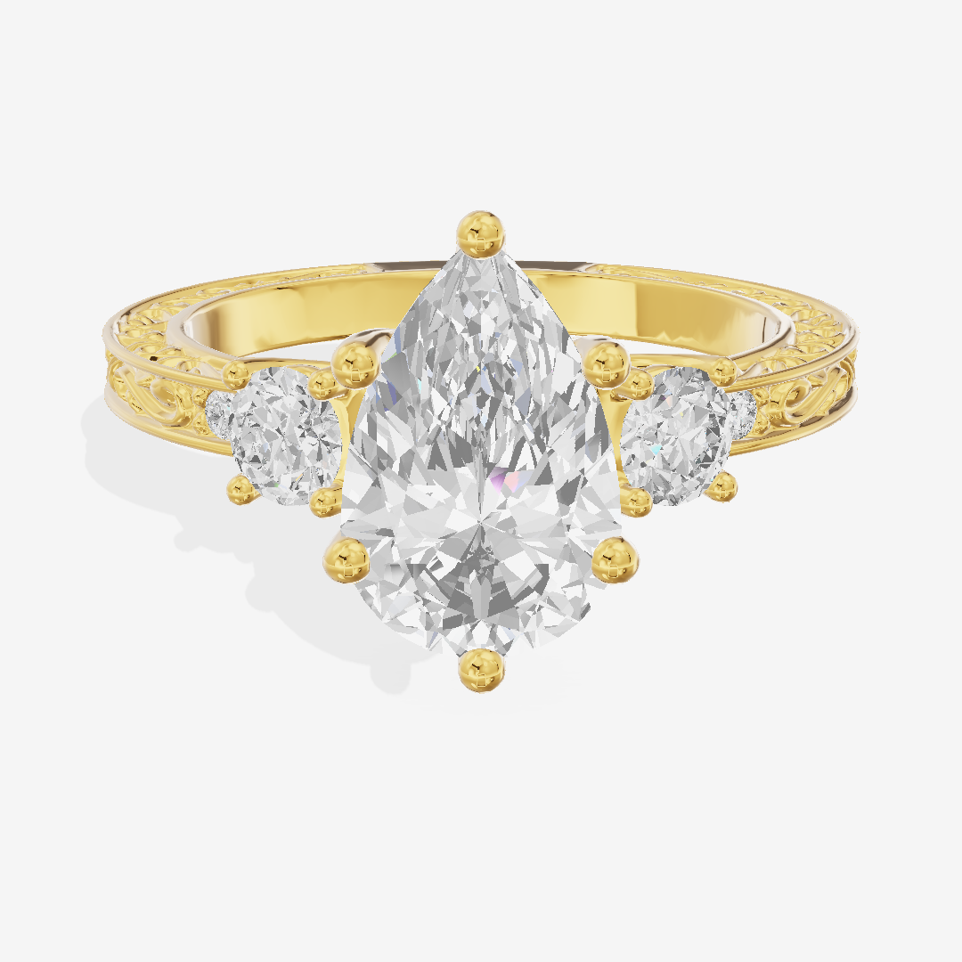 Triade Engraved Pear Three Stone Engagement Ring (1/3 ct. tw.) in 18K Yellow Gold
