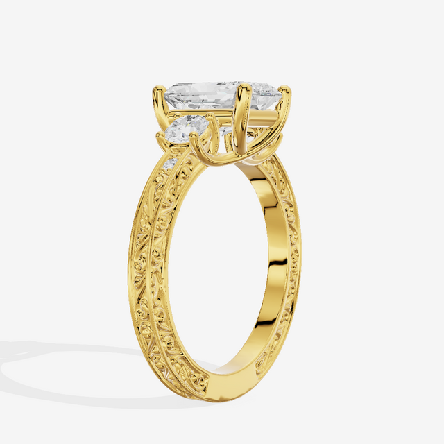 Triade Engraved Radiant Three Stone Engagement Ring (1/3 ct. tw.) in 18K Yellow Gold