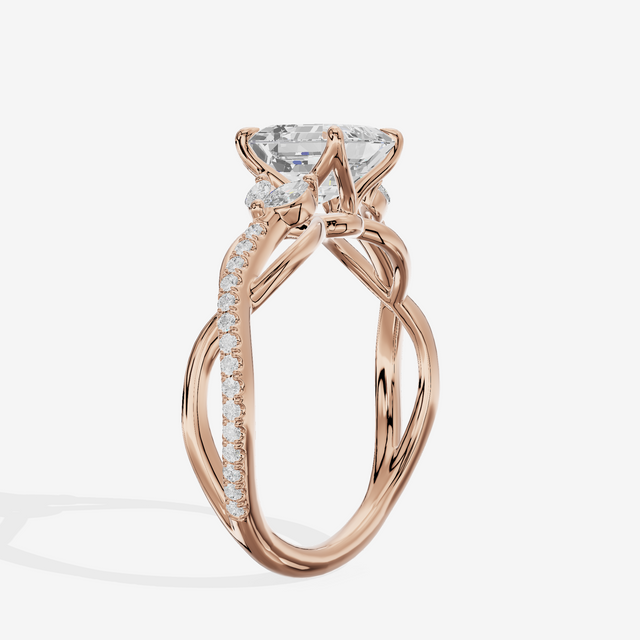Lustrous Vowsae Asscher Engagement Ring with Side Stones (1/5 ct. tw.) in 18K Rose Gold