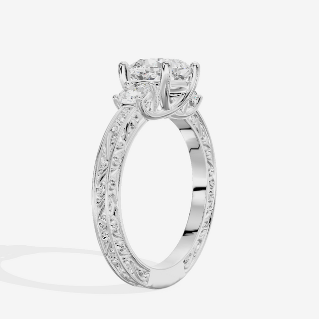Triade Engraved Cushion Three Stone Engagement Ring (1/3 ct. tw.) in 14K White Gold