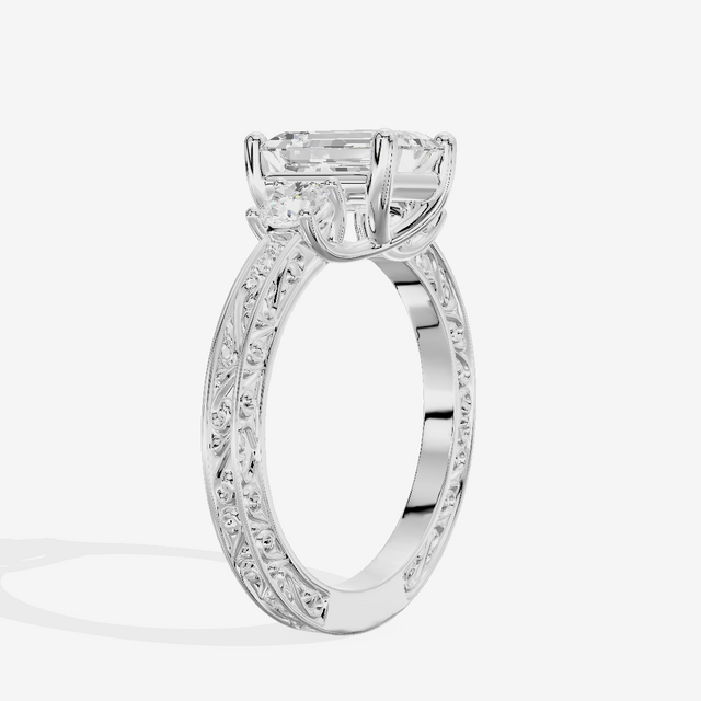 Triade Engraved Emerald Three Stone Engagement Ring (1/3 ct. tw.) in Platinum