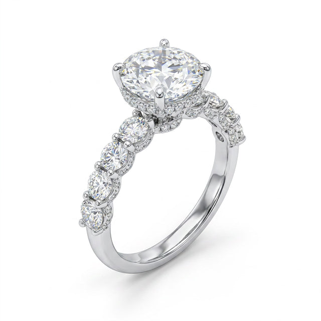 Hidden Halo Pavé Round Engagement Ring (3.07 ct. tw.) in 18K White Gold