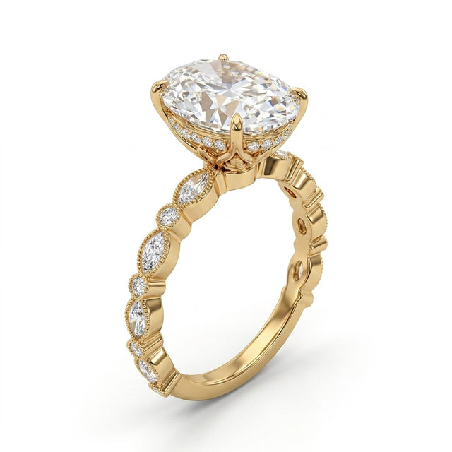 Tall Cathedral Hidden Halo Pavé Emerald Engagement Ring (5.01 ct. tw.) in 14K Yellow Gold