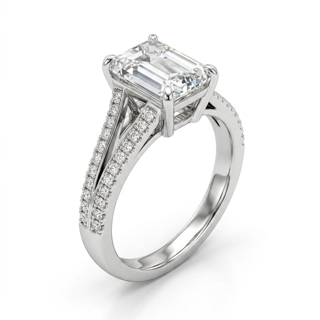 Cathedral Solitaire Split Shank Emerald Engagement Ring (3.1 ct. tw.) in 18K White Gold
