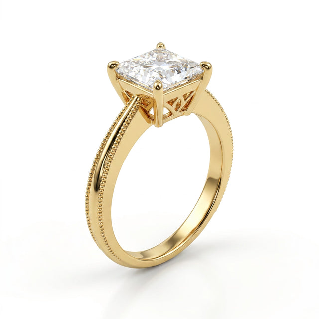 Solitaire Vintage Milgrain Princess Engagement Ring (2.02 ct.) in 18K Yellow Gold