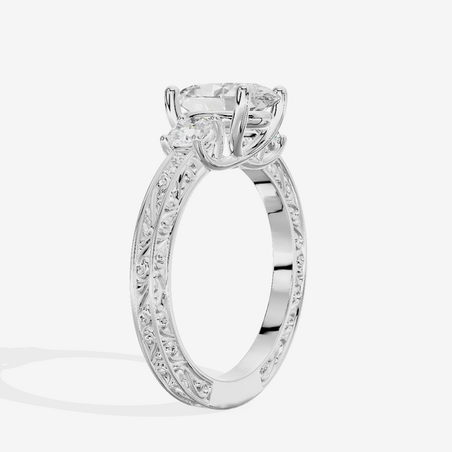 Triade Engraved Oval Three Stone Engagement Ring (1/3 ct. tw.) in 14K White Gold