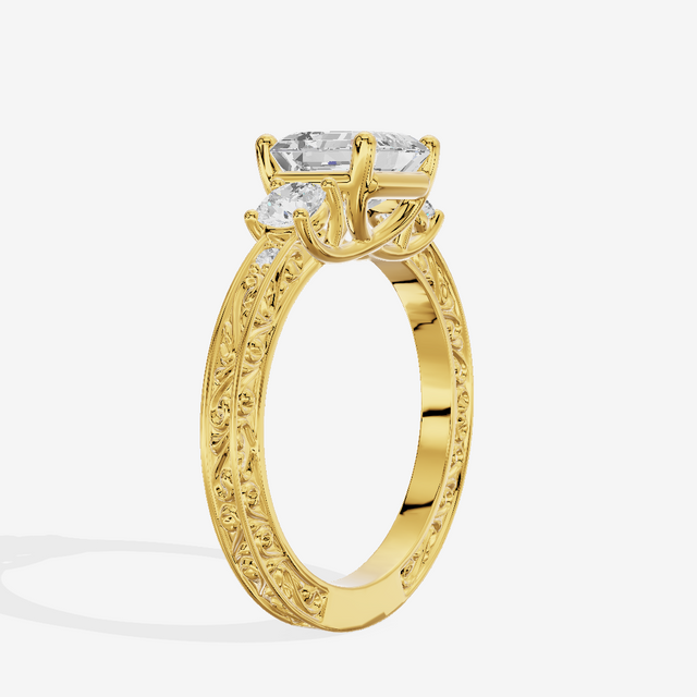 Triade Engraved Asscher Three Stone Engagement Ring (1/3 ct. tw.) in 18K Yellow Gold
