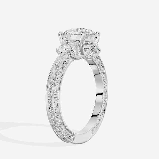 Triade Engraved Round Three Stone Engagement Ring (1/3 ct. tw.) in 14K White Gold