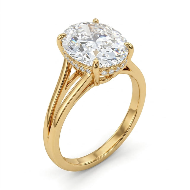Hidden Halo Split Shank Oval Engagement Ring (5.25 ct. tw.) in 18K Yellow Gold