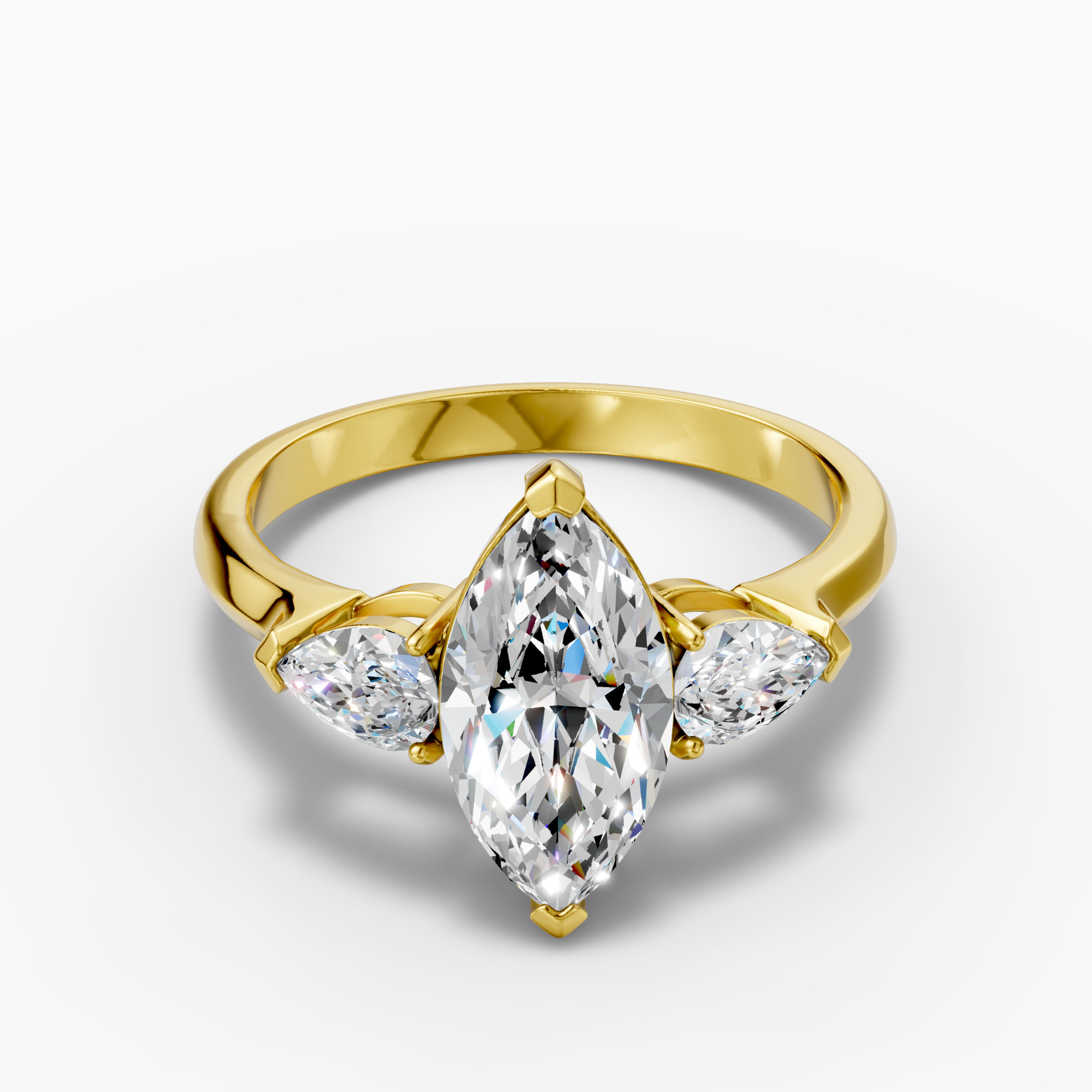 14 K Yellow Gold, 2-carat marquise three-stone lab-grown diamond ring