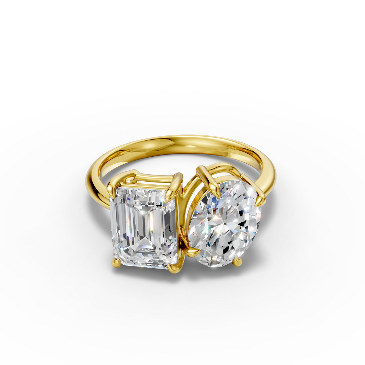 18K Yellow Gold Two-Stone Lab-Grown Diamond Ring: 2.09ct Emerald Cut (E VVS2) & 2.10ct Oval Cut (D VVS2)