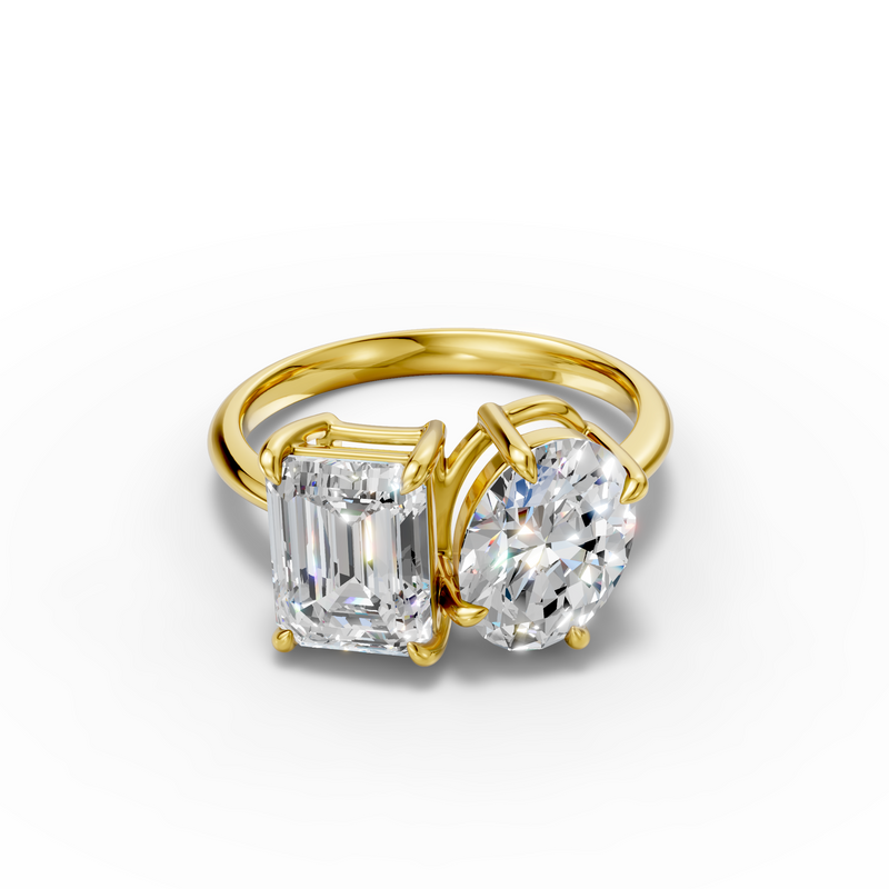 18K Yellow Gold Two-Stone Lab-Grown Diamond Ring: 2.09ct Emerald Cut (E VVS2) & 2.10ct Oval Cut (D VVS2)