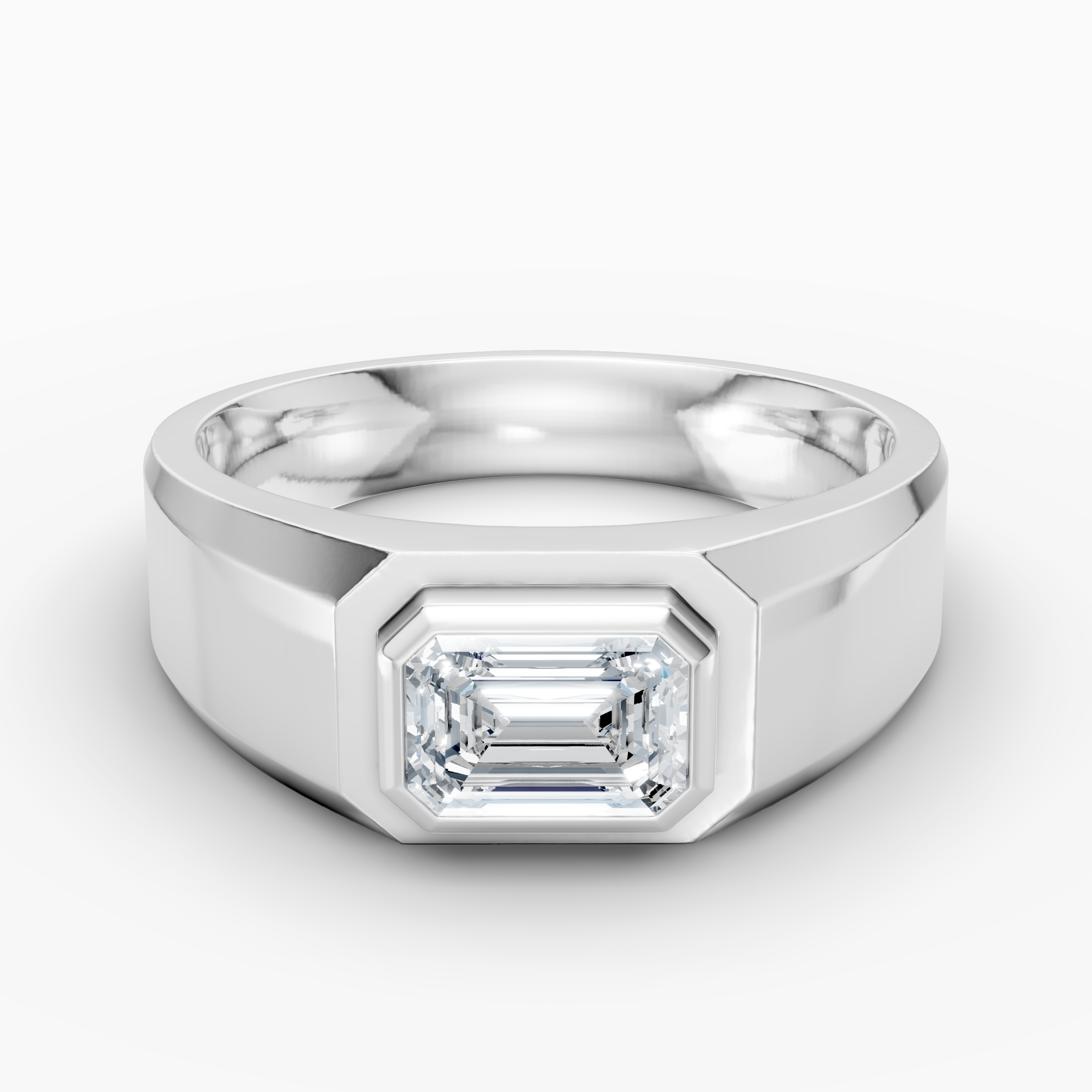 18K white gold men's ring with a 1-carat emerald-cut lab-grown diamond.