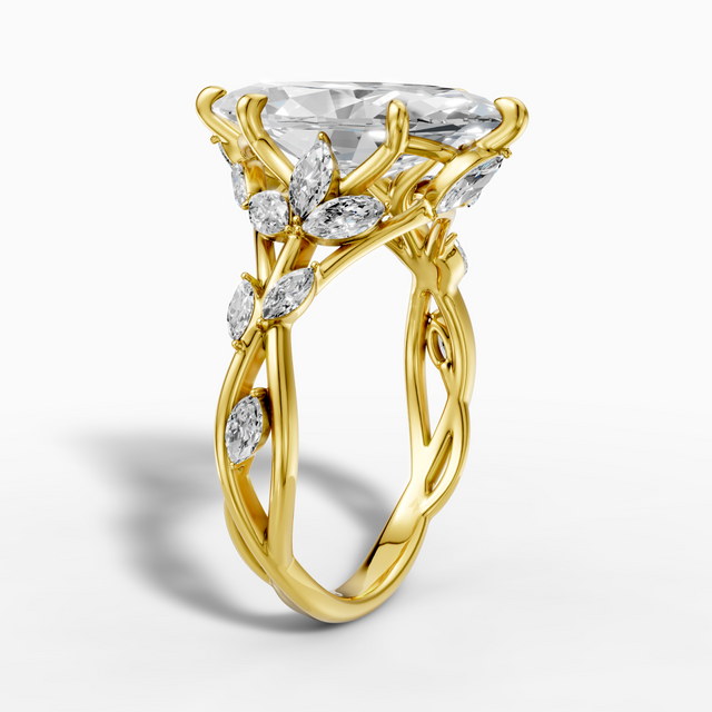 14K gold 3-carat marquise-cut lab-grown diamond ring with a vine-inspired design