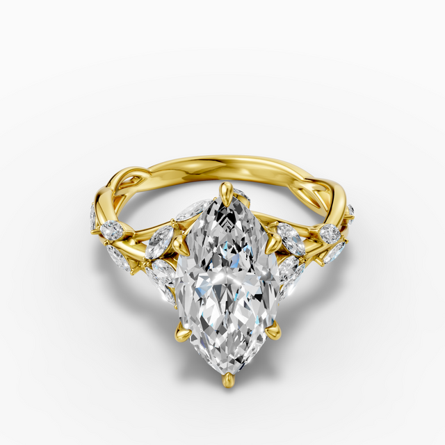 14K gold 3-carat marquise-cut lab-grown diamond ring with a vine-inspired design