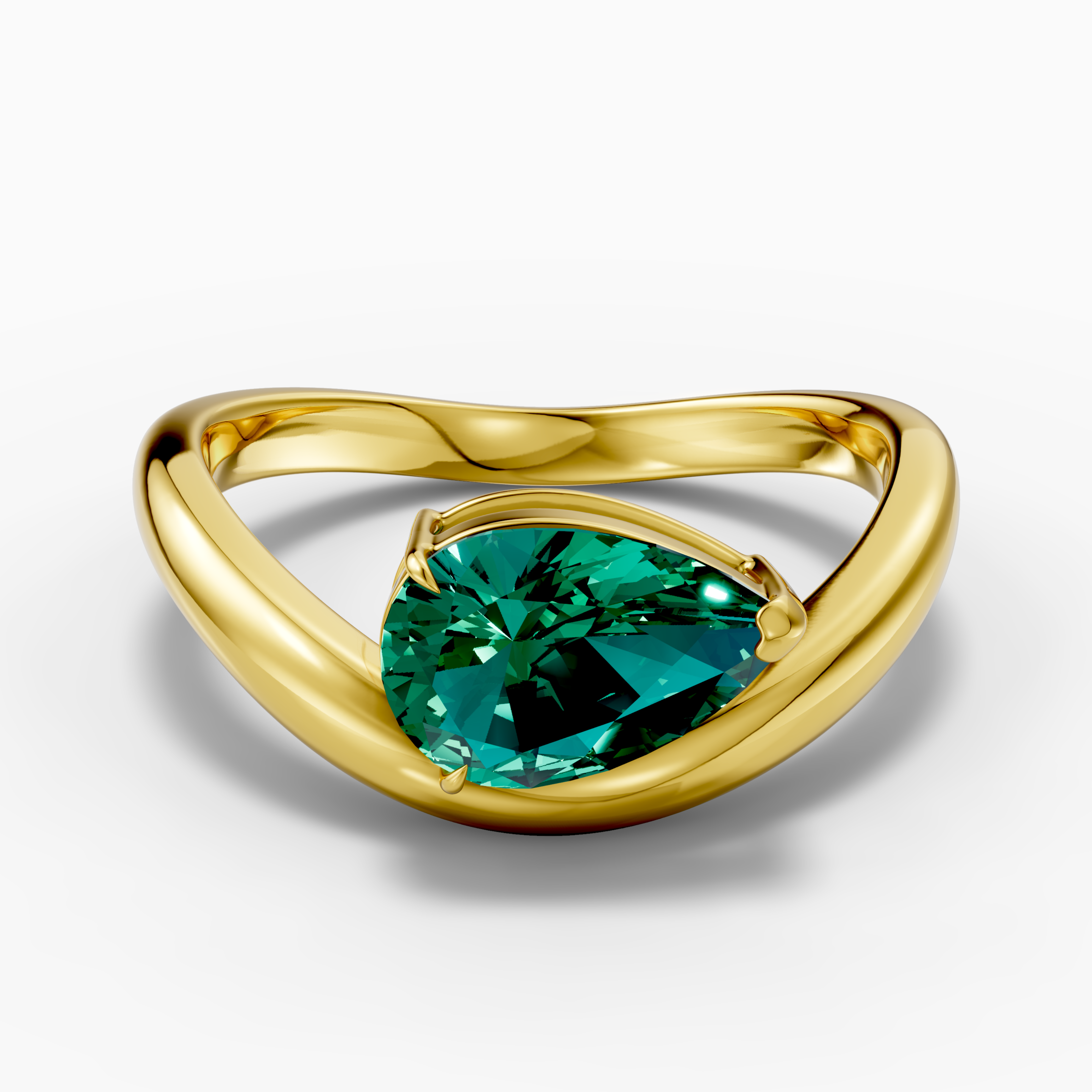 14K gold ring with a 1.5-carat pear-shaped lab-grown emerald.